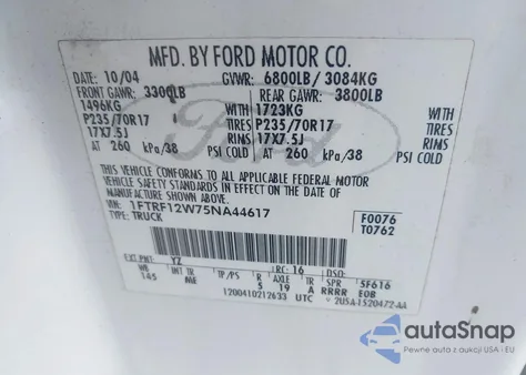 2005 Ford F-150 Stx/Xl/Xlt z USA, uszkodzony, nr VIN 1FTRF12W75NA44617